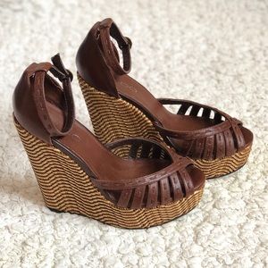 Aldo Brown Peep Toe high Heel Summer Wedge Size 6